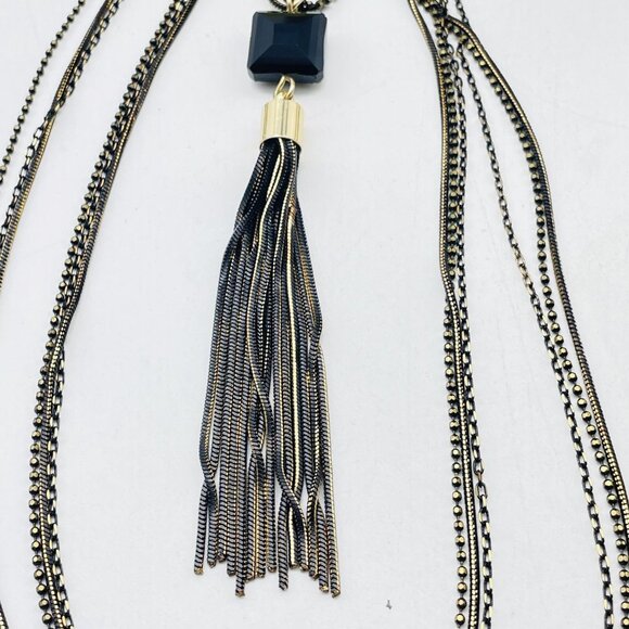 Long Layered Chain Necklace Black Beads Brass Tone Tassel Signed LOFT OUTLET - Picture 4 of 8
